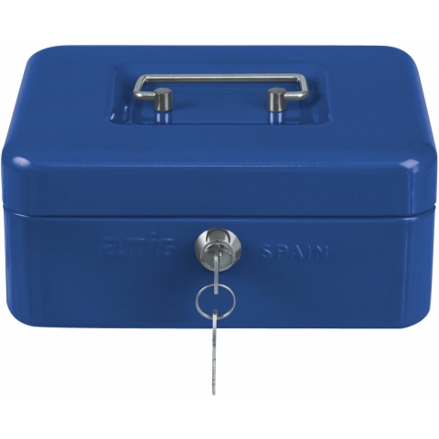 Geldkistje met 2 sleutels - blauw - staal - muntbakje - 20 x 16 x 9 cm - inbraakbeveiliging -