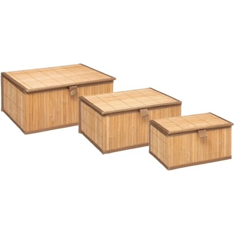 Set van 3x bamboe opbergdozen met deksel rechthoek bruin -