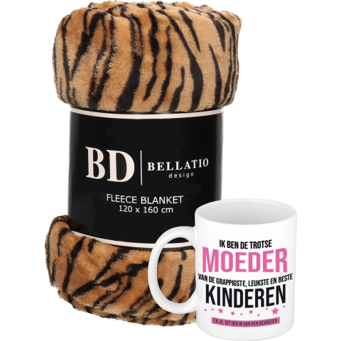 Cadeau moeder set - Fleece plaid/deken tijger print met Trotse moeder van leukste kinderen mok -