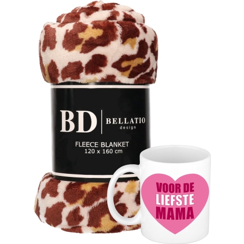 Cadeau moeder set - Fleece plaid/deken panter print met Liefste Mama mok -