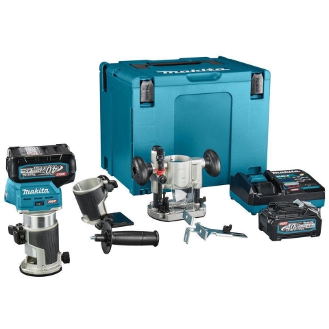 Makita RT001GM205 Boven- en kantenfrees | 40 V Max | 2 x 4.0 Ah accu + snellader | Incl. diverse voeten | In Mbox RT001GM205