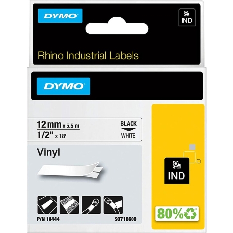 Labeltape DYMO IND RHINO 18444 Vinyl Tapekleur: Wit Tekstkleur:Zwart 12 mm 5.5 m