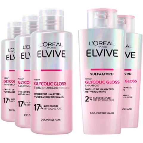 L'Oréal Elvive Glycolic Gloss - Shampoo 3 x 200 ml&Conditioner 2 x 200 ml - Pakket