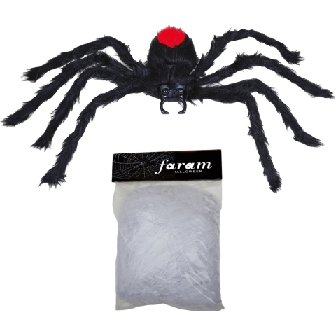 Horror spin groot 60 cm - incl. web - Halloween decoratie/versiering - zwart/rood -