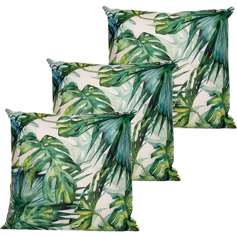 Buitenkussen monstera - 3x - wit/groen - 60 x 60 cm - Water en UV bestendig -