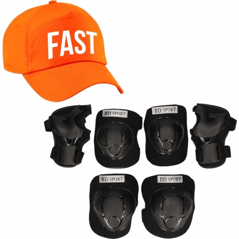 Set van valbescherming voor kinderen maat L / 9 tot 10 jaar met een stoere FAST pet oranje -