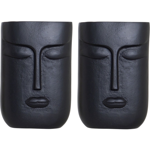 Set van 2x stuks bloemenvaas zwart van aluminium met gezicht 15 x 23 cm -