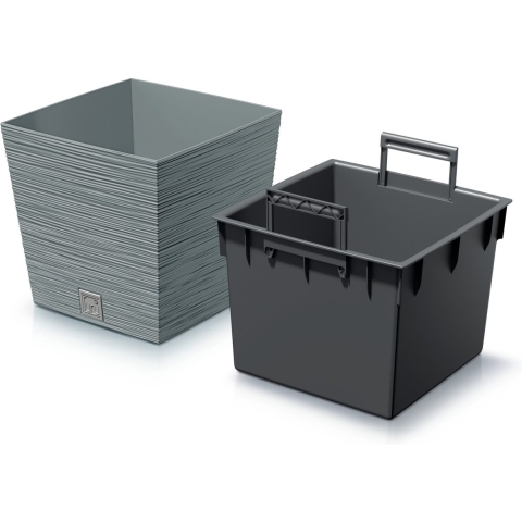 Plantenpot/bloempot Furu Stripes - voor buiten - kunststof - lichtgrijs - vierkant - D29.5 x H29 cm -