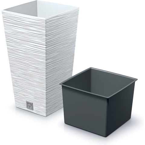 Plantenpot/bloempot Furu Stripes - voor buiten - kunststof - wit - vierkant - D29 x H55 cm -