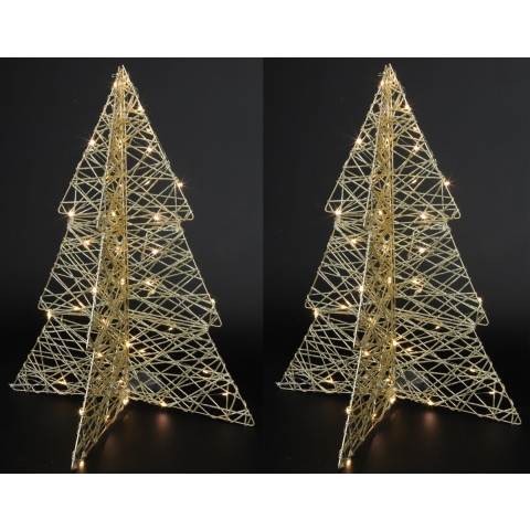 Lichtboompjes/kerstboompjes 3D - 2x - H49 cm - goud - metaal - 40 leds warm wit -verlichte figuren -