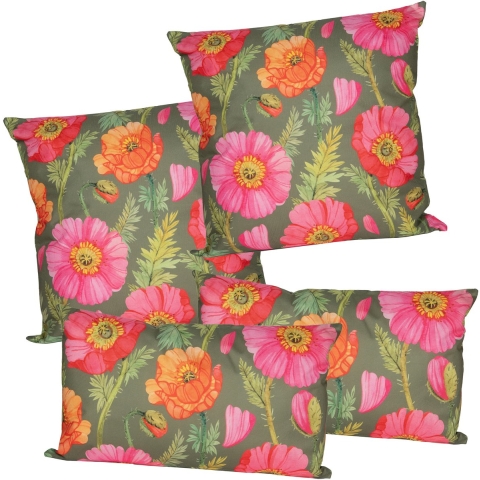 Sierkussen set voor binnen/buiten - 4x stuks - klaprozen bloemen - roze/groen - tuinkussens -