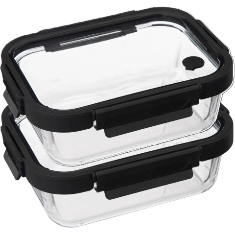 5Five Vershoudbakje met deksel - 2x - glas - luchtdicht - met clips - 21 x 17 x 7 cm - 900 ml -