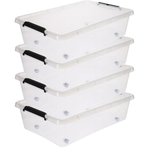 5Five opberg kist met deksel - 4x - Clip Box - 29 liter - 39 x 39 x 26 cm - kunststof - transparant -
