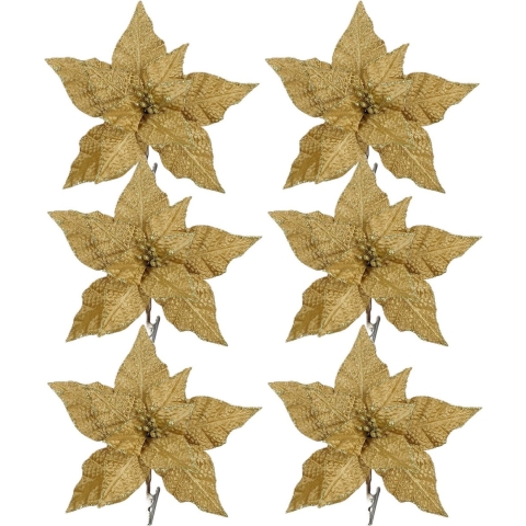 Kerstboom bloemen op clip - 6x stuks - goud - 18 cm - polyester fluweel - kerstster -
