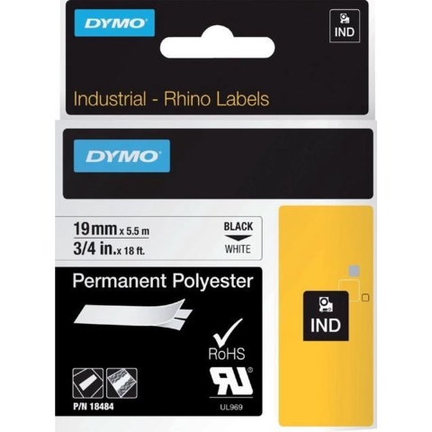 Labeltape DYMO IND RHINO 18765 Polyester Tapekleur: Wit Tekstkleur:Zwart 19 mm 5.5 m