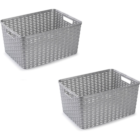 8x Zilveren geweven opbergboxen/opbergmanden 18 liter kunststof -