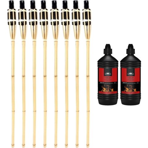 8x stuks Bamboe tuinfakkels 90 cm inclusief 2 liter lampenolie/fakkelolie -