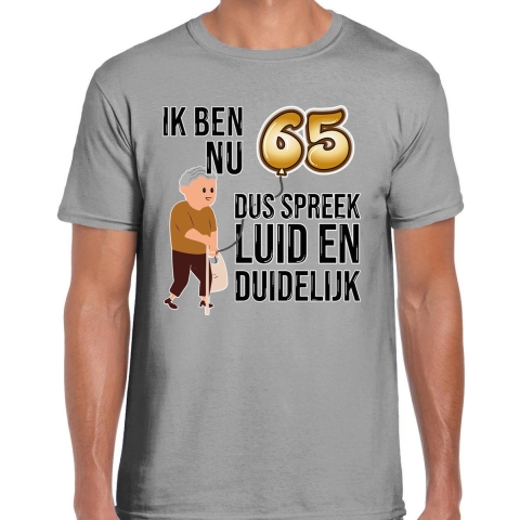 Cadeau T-shirt heren - leeftijd 65 jaar - grijs - luid en duidelijk - verjaardagsfeest M -
