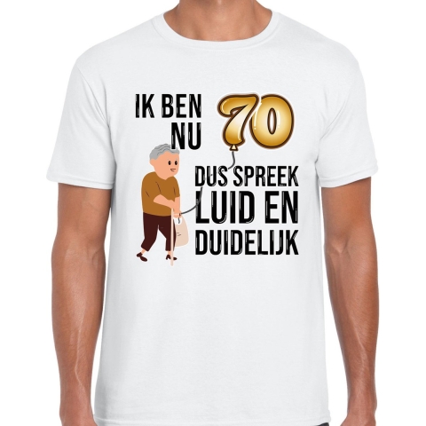 Cadeau T-shirt heren - leeftijd 70 jaar - wit - luid en duidelijk - verjaardagsfeest 2XL -