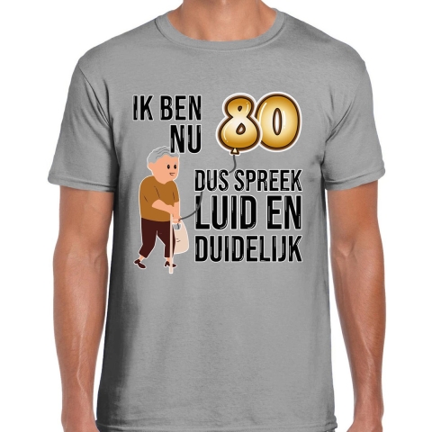 Cadeau T-shirt heren - leeftijd 80 jaar - grijs - luid en duidelijk - verjaardagsfeest L -