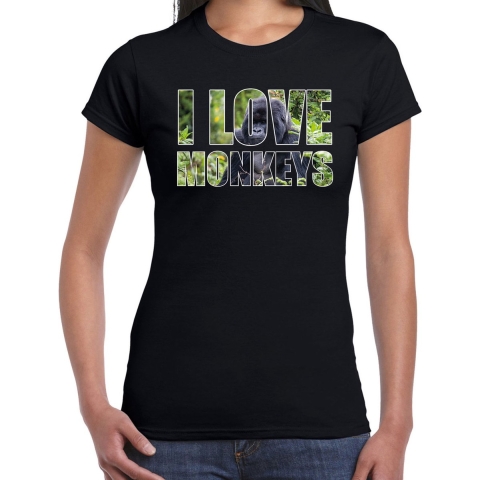 Tekst t-shirt I love monkeys met dieren foto van een gorilla aap zwart voor dames 2XL -