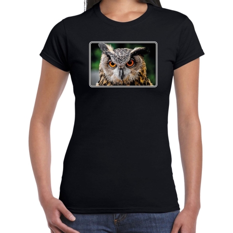 Dieren t-shirt met uilen foto zwart voor dames L -