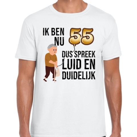 Cadeau T-shirt heren - leeftijd 55 jaar - wit - luid en duidelijk - verjaardagsfeest L -