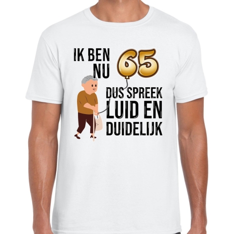 Cadeau T-shirt heren - leeftijd 65 jaar - wit - luid en duidelijk - verjaardagsfeest M -
