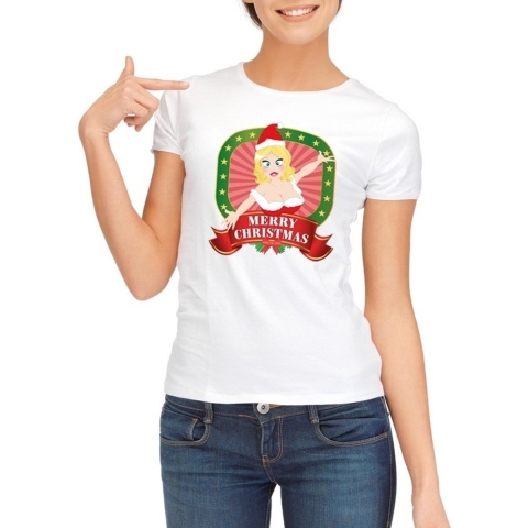 Foute kerst t-shirt wit merry christmas voor dames S -