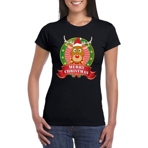 Rudolf Kerst t-shirt zwart Merry Christmas voor dames XL -