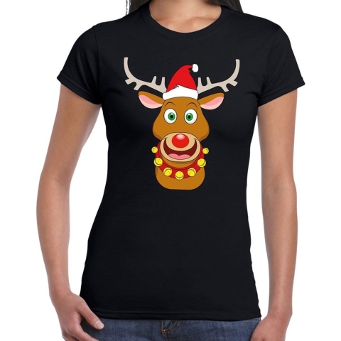 Foute Kerst t-shirt rendier Rudolf rode muts zwart dames M -