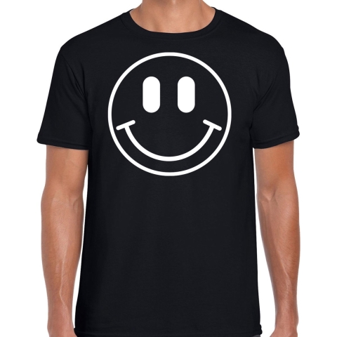 Verkleed T-shirt voor heren - Smile Emoticon - zwart - carnaval - foute party - feestkleding M -