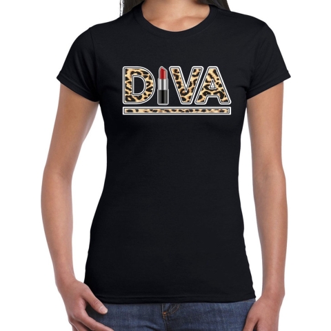 Diva lipstick fun tekst t-shirt voor dames zwart panter print XL -