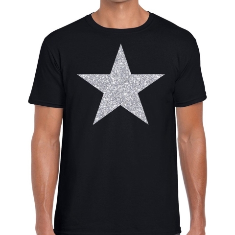 Zilveren ster glitter t-shirt zwart heren 2XL -