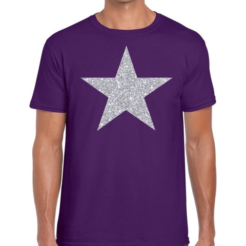 Zilveren ster glitter t-shirt paars heren XL -