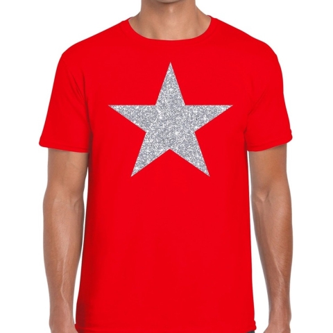 Zilveren ster glitter t-shirt rood heren M -