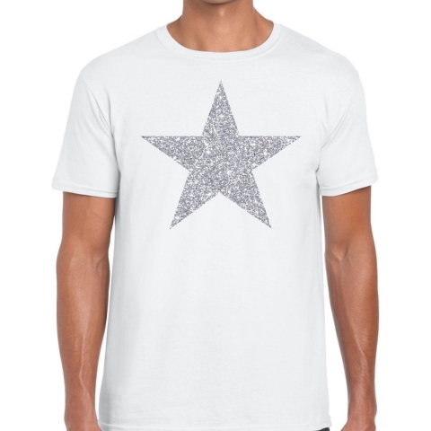 Zilveren ster glitter t-shirt wit heren S -