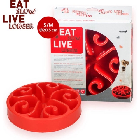 Eat Slow Live Longer Original Voerbak – anti-schrok voerbak – Slowfeeder voor honden – Anti-slip – Rood – Ø20,5 cm - Small/Medium – Geschikt voor kleine en grotere honden