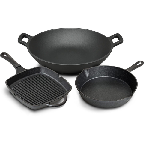 Blackwell Pannenset Gietijzer - Grillpan 23 x 23 cm, Koekenpan ø 25 cm & Wok ø 32 cm - 3 Delig