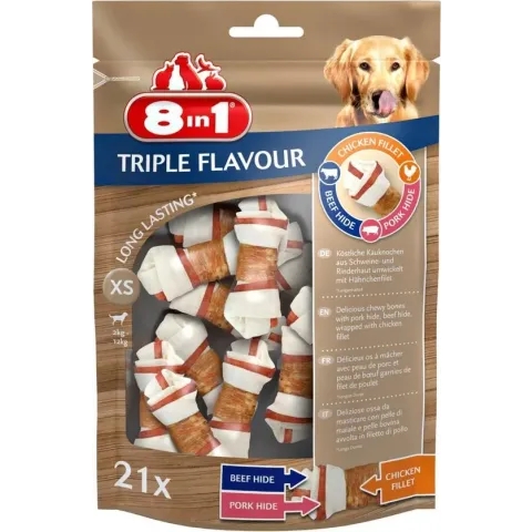 8in1 Delights Kauwknook Triple Flavour - Hondensnacks - Kip Varken Rund 21 stuks Xs