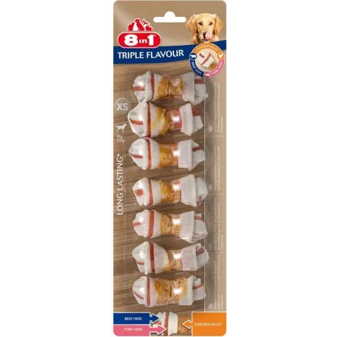 8in1 Delights Kauwknook Triple Flavour Kip&Varken&Rund - Hondensnacks - Xs