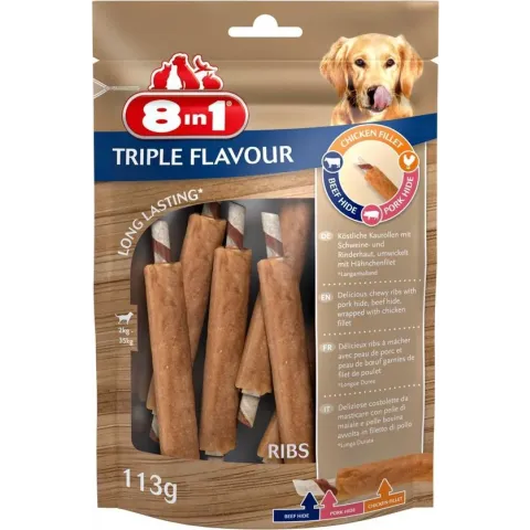 8in1 Delights Ribs Triple Flavour - Hondensnacks - Kip Varken Rund 6 stuks