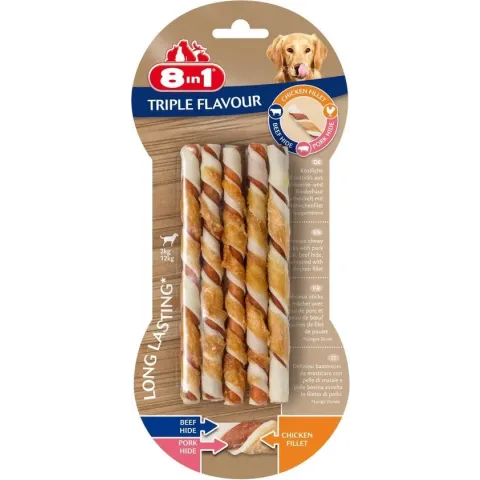 8in1 Delights Twisted Sticks Triple Flavour - Hondensnacks - Kip Varken Rund 10 stuks