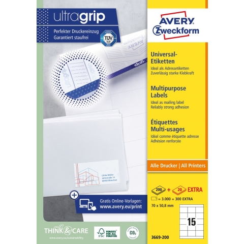 Avery-Zweckform 3669-200 Universele etiketten 70 x 50.8 mm Papier Wit 3300 stuk(s) Permanent hechtend Laser (zwart/wit), Laser (kleur)