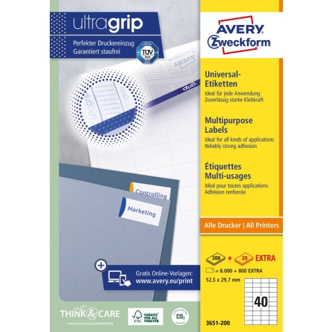 Avery-Zweckform 3651-200 Universele etiketten 52.5 x 29.7 mm Papier Wit 8800 stuk(s) Permanent hechtend Laser (zwart/wit), Laser (kleur)