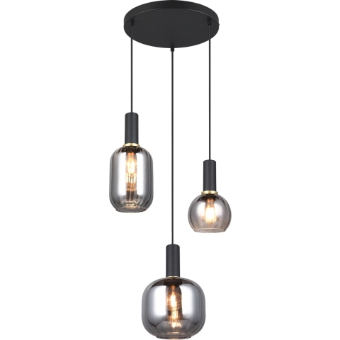 TRIO DIVA - Hanglamp - Zwart mat - Rookglas - excl. 3x E27 7 W - Plafondbevestiging - In hoogte verstelbaar
