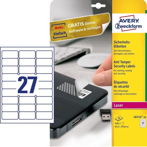 Avery-Zweckform L6114-20 Veiligheidsetiketten 63.5 x 29.6 mm Polyester folie Wit 480 stuk(s) Permanent hechtend Laser (zwart/wit), Kopiëren (zwart/wit),
