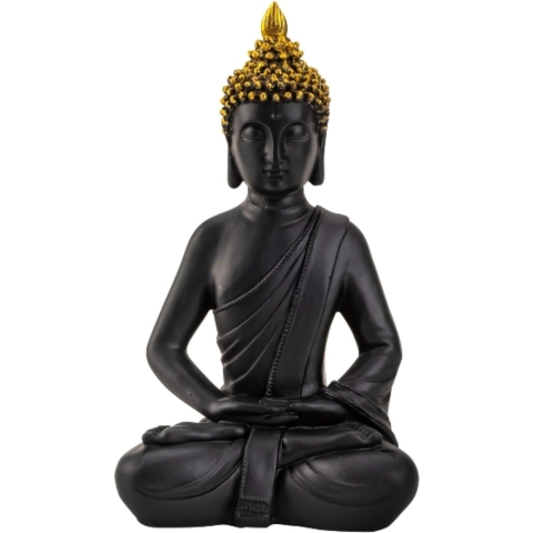 Boeddha beeldje zittend - binnen/buiten - kunststeen - zwart/goud - 30 x 17 cm -