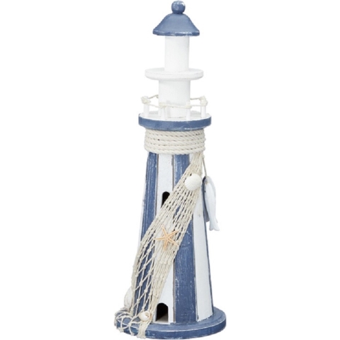 Vuurtoren Beeldje - 12x37 cm - wit / lichtblauw - maritieme decoratie -