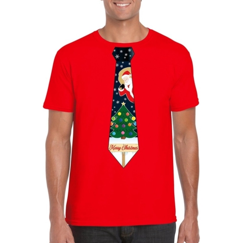 Fout kerst t-shirt rood met kerstboom stropdas voor heren 2XL -